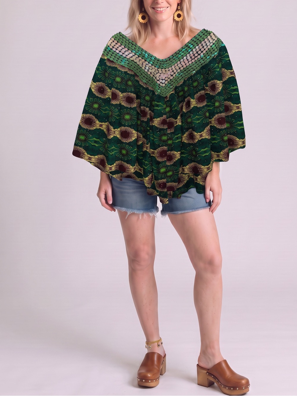 Green Sunflower Floral Boho pancho 
 beaded dopamine statement piece kimono
